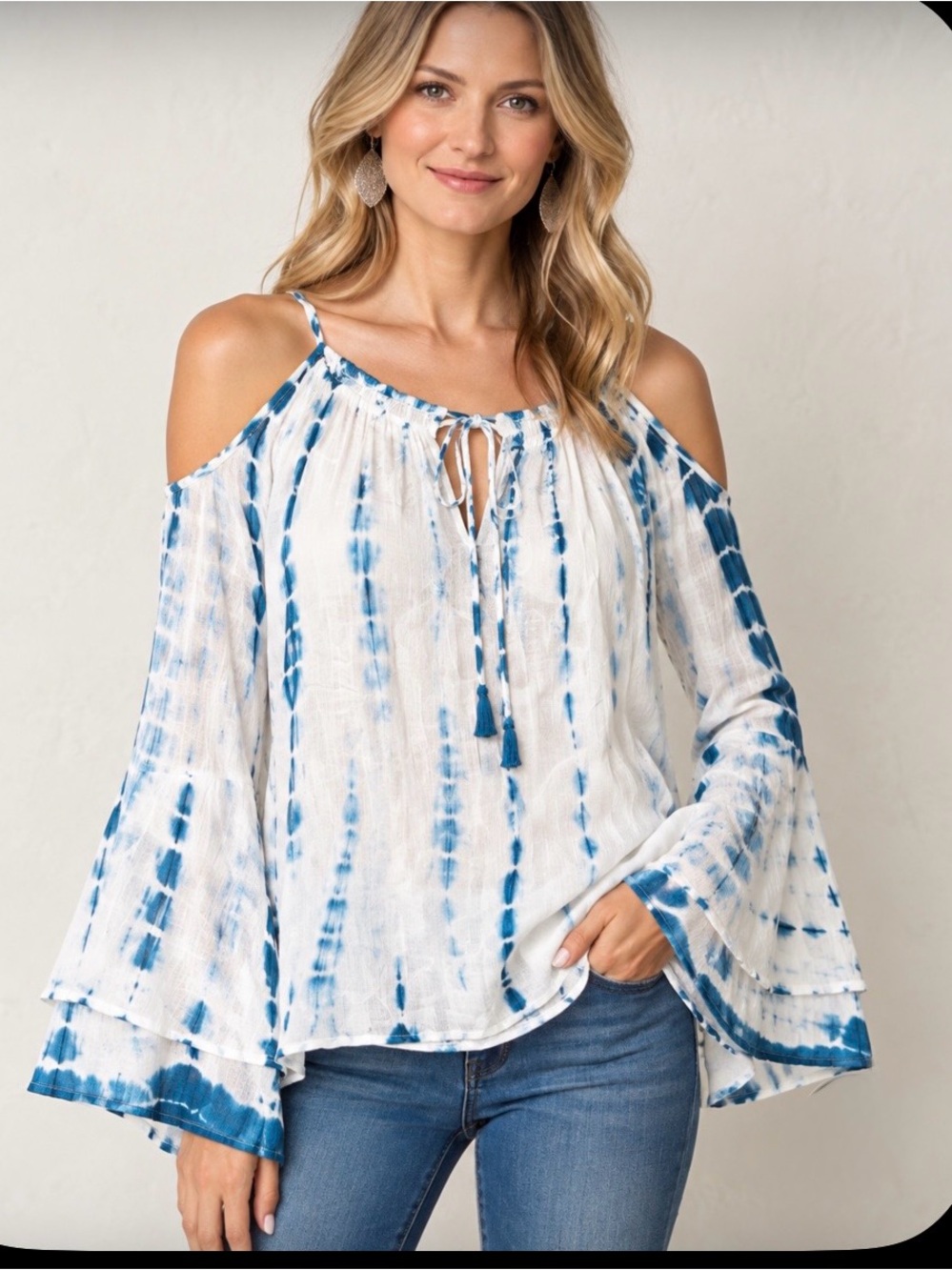 NWT Ro & De Blue Tie Dye Cold Shoulder Bell Sleeve Top M